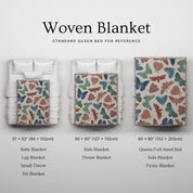 Faith-inspired woven blanket with hand-drawn butterflies and moths on a soft light background, made from 100% cotton with colorful fringed edges—Christian home decor.