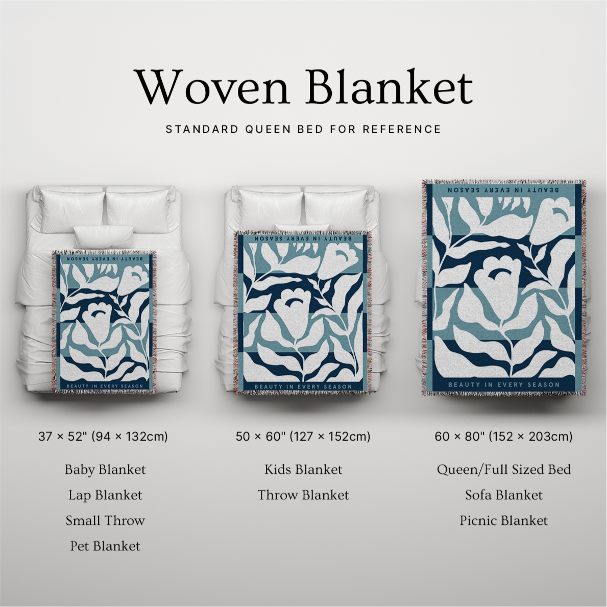 Woven blanket with different sizes displayed on a bed for reference.