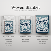 Woven blanket with different sizes displayed on a bed for reference.