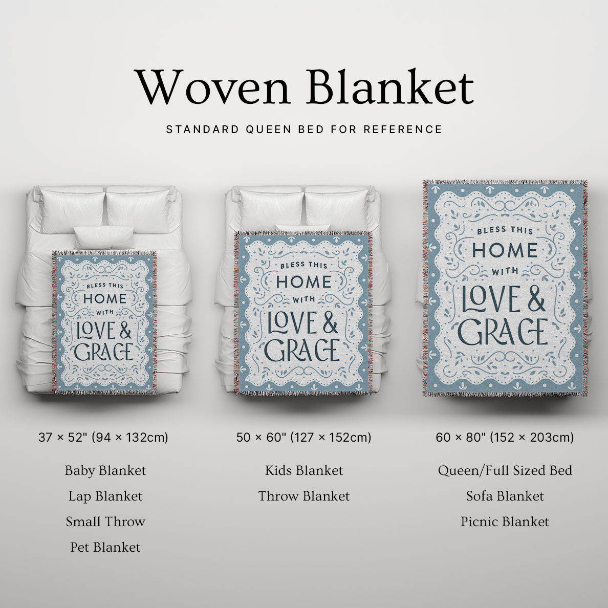 Textured fabric with 'LOVE & GRACE' printed in stylized letters size chart