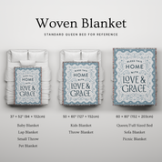 Textured fabric with 'LOVE & GRACE' printed in stylized letters size chart