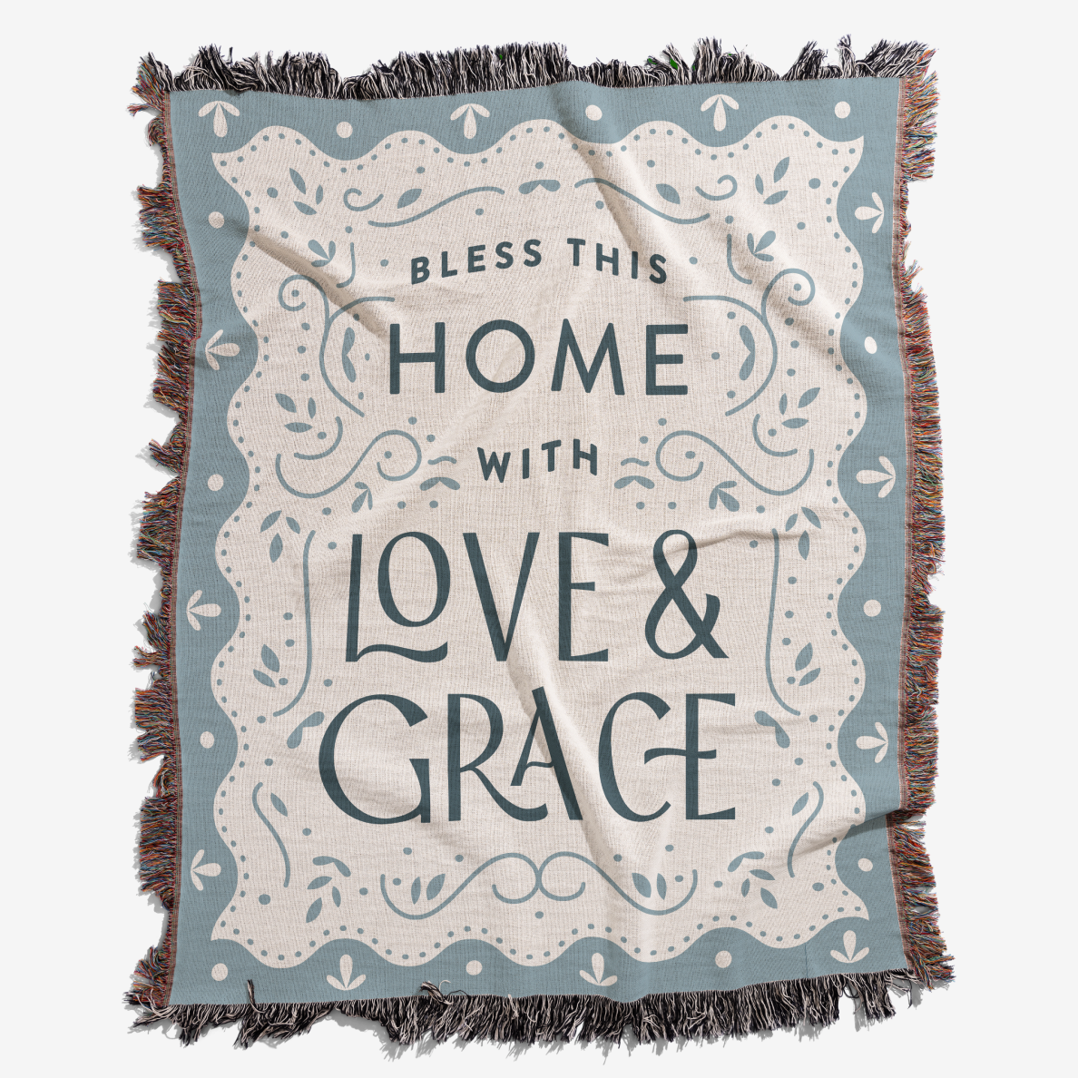 Textured fabric with 'LOVE & GRACE' printed in stylized letters.