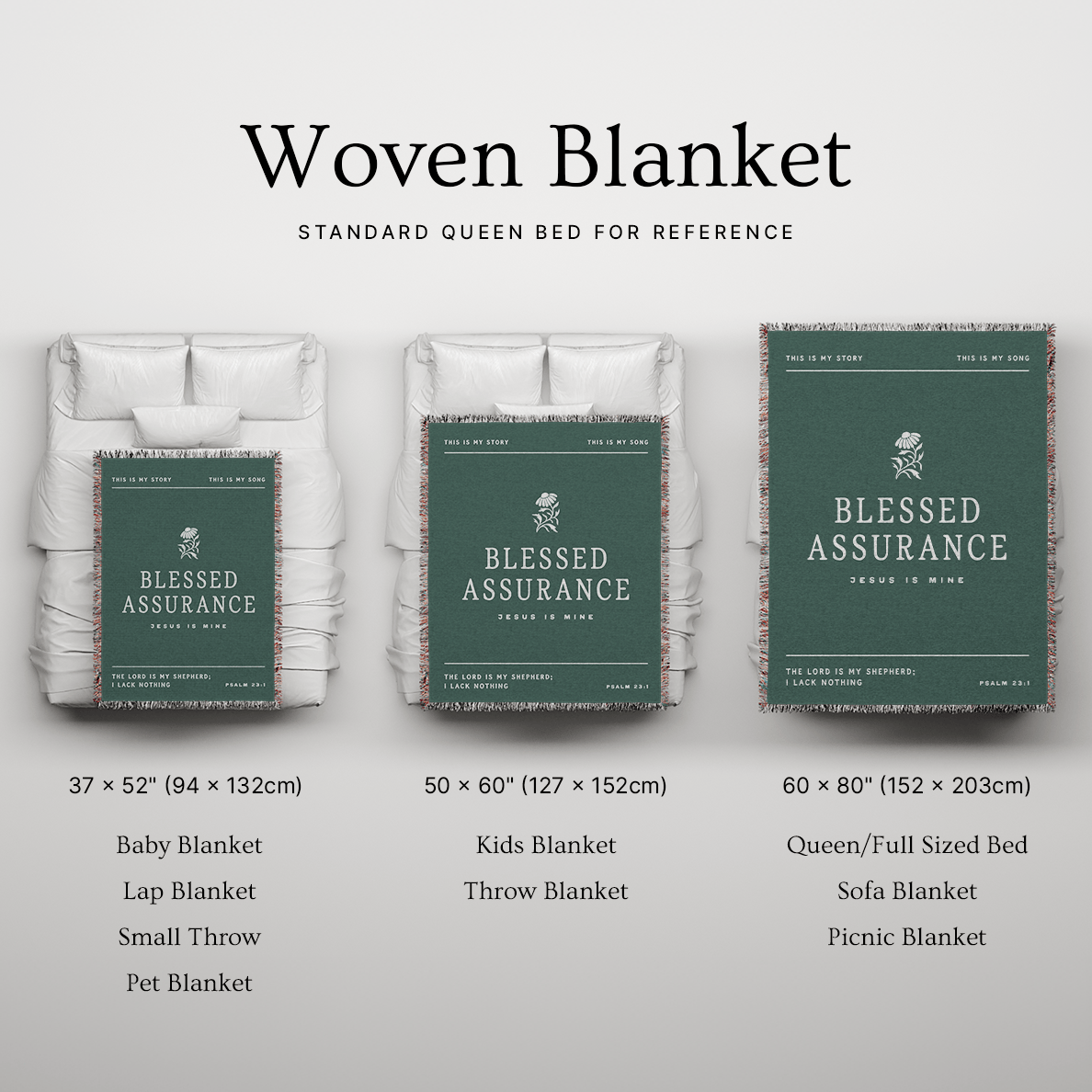 Woven blanket packaging with dimensions and product types on a gray background