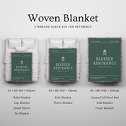 Woven blanket packaging with dimensions and product types on a gray background