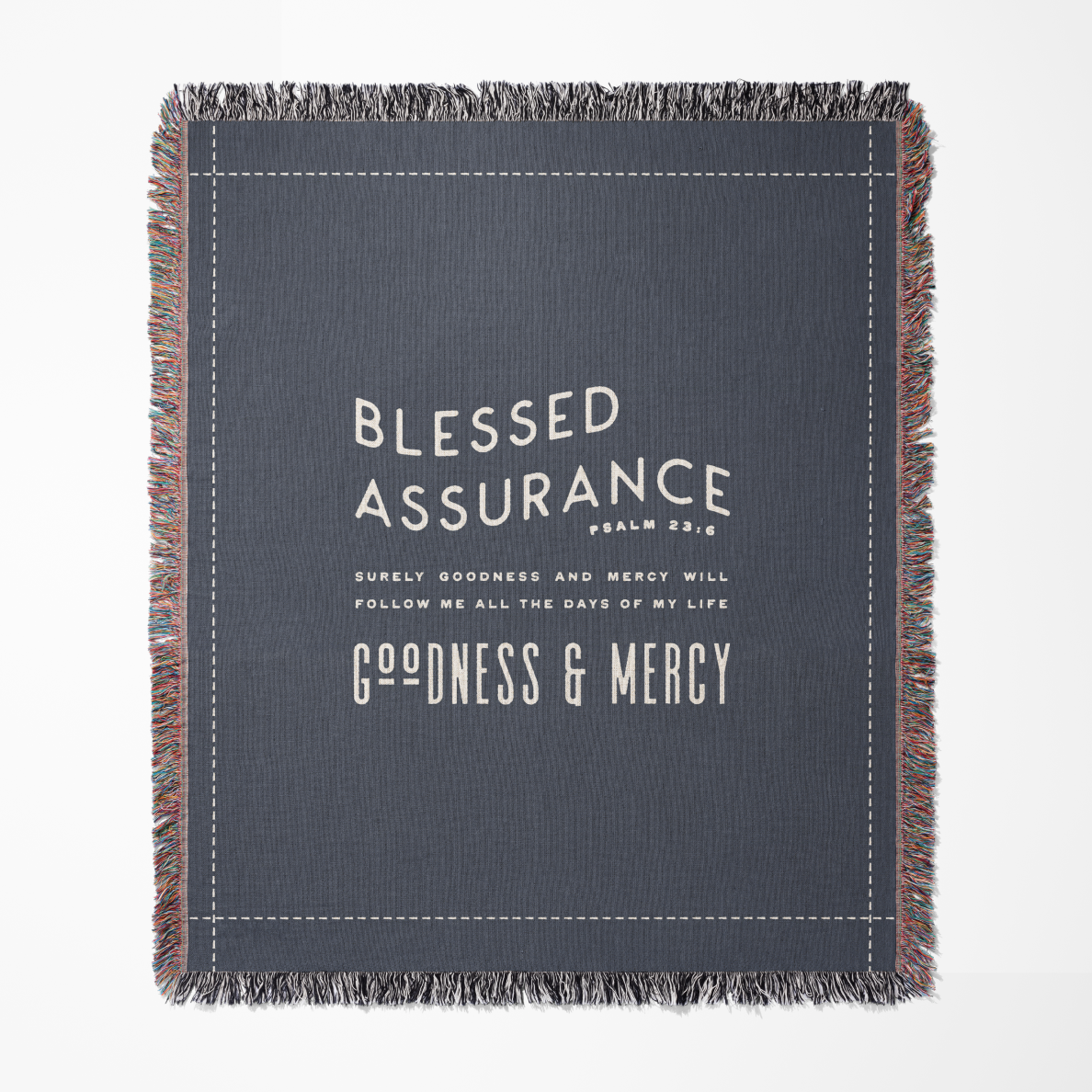 Textile with 'Blessed Assurance' quote on a gray background