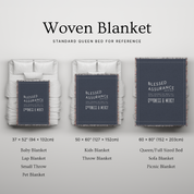 Woven blanket with dimensions and uses displayed on a gray background