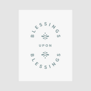 Logo with 'Blessings Upon Blessings' text and floral elements on a light gray background
