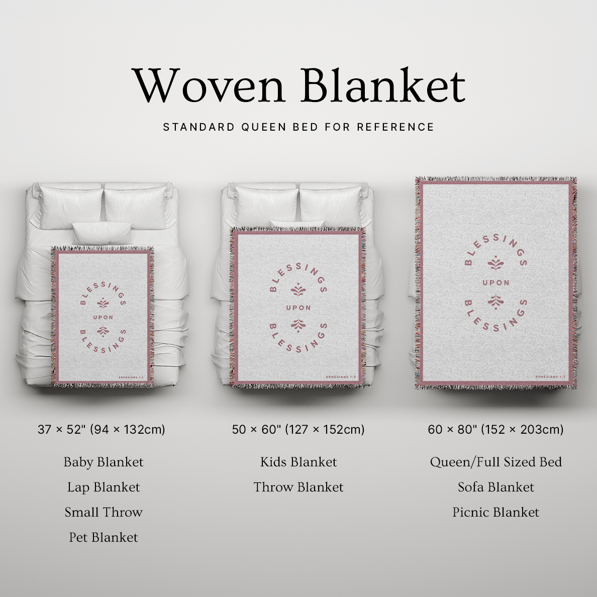Woven blanket with dimensions and uses displayed on a white background