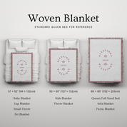Woven blanket with dimensions and uses displayed on a white background