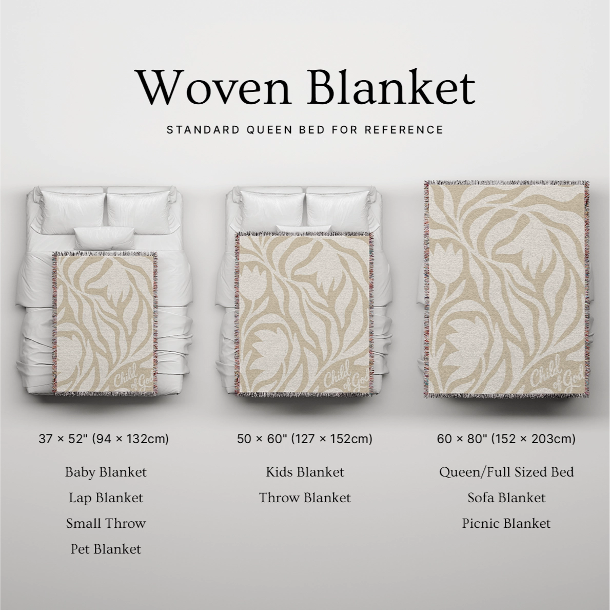 Neutral-toned woven blanket with “Child of God” text and delicate cream foliage design; 100% cotton with fringe, perfect for nurseries, baby gifts, or faith-inspired décor.
