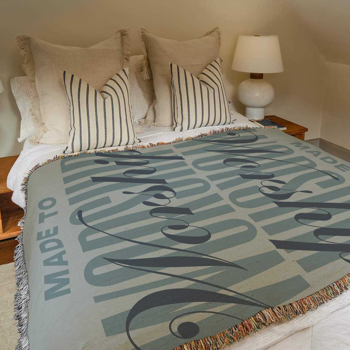 Made to Worship blanket styled on bed.