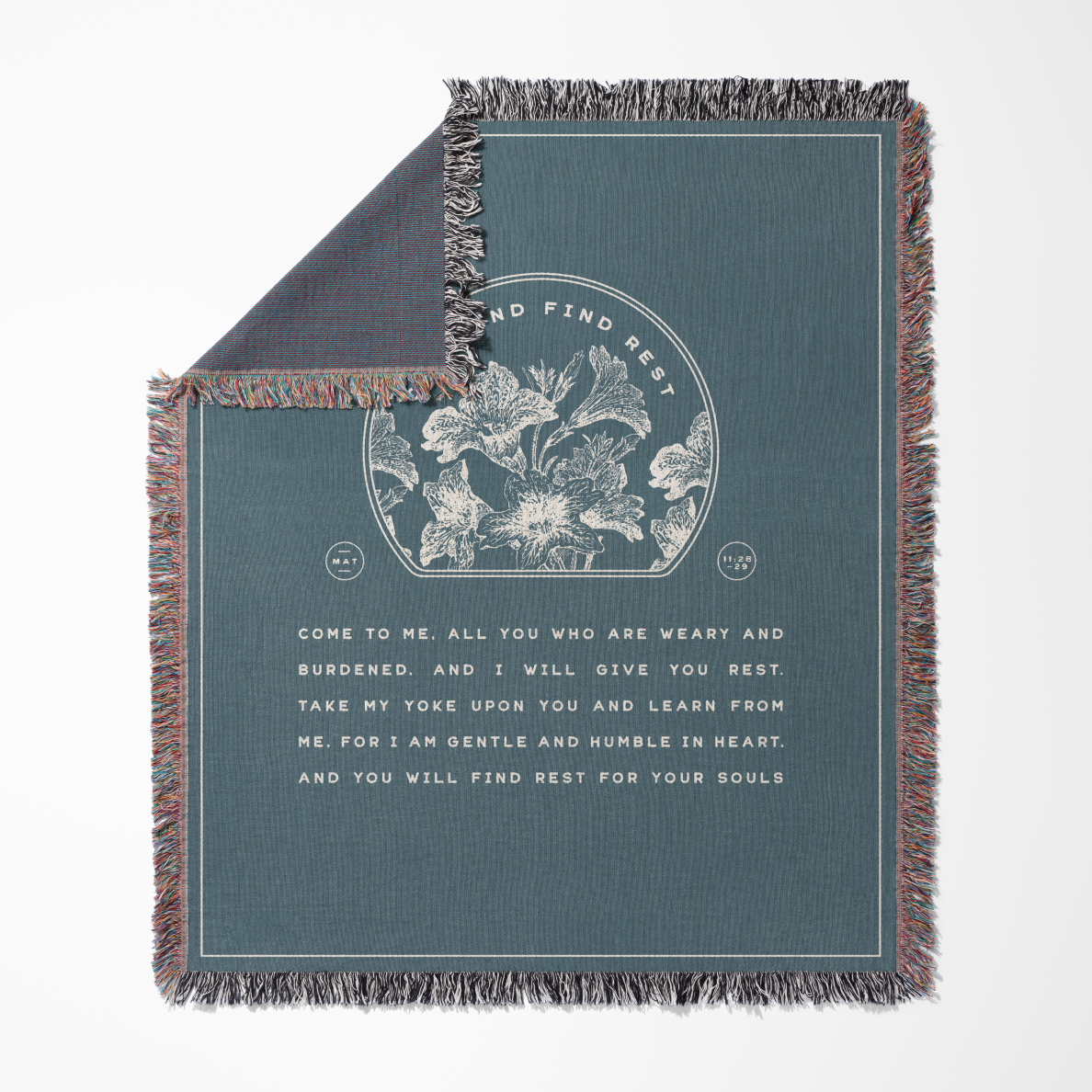 Textile with floral design and text on a blue background