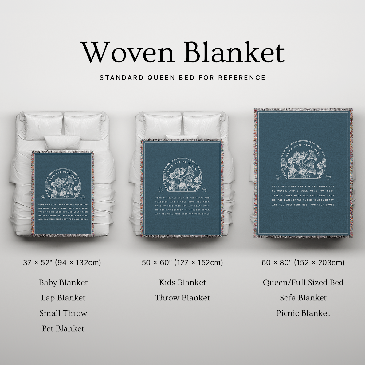 Woven blanket with different sizes displayed on a bed for reference.