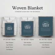 Woven blanket with different sizes displayed on a bed for reference.