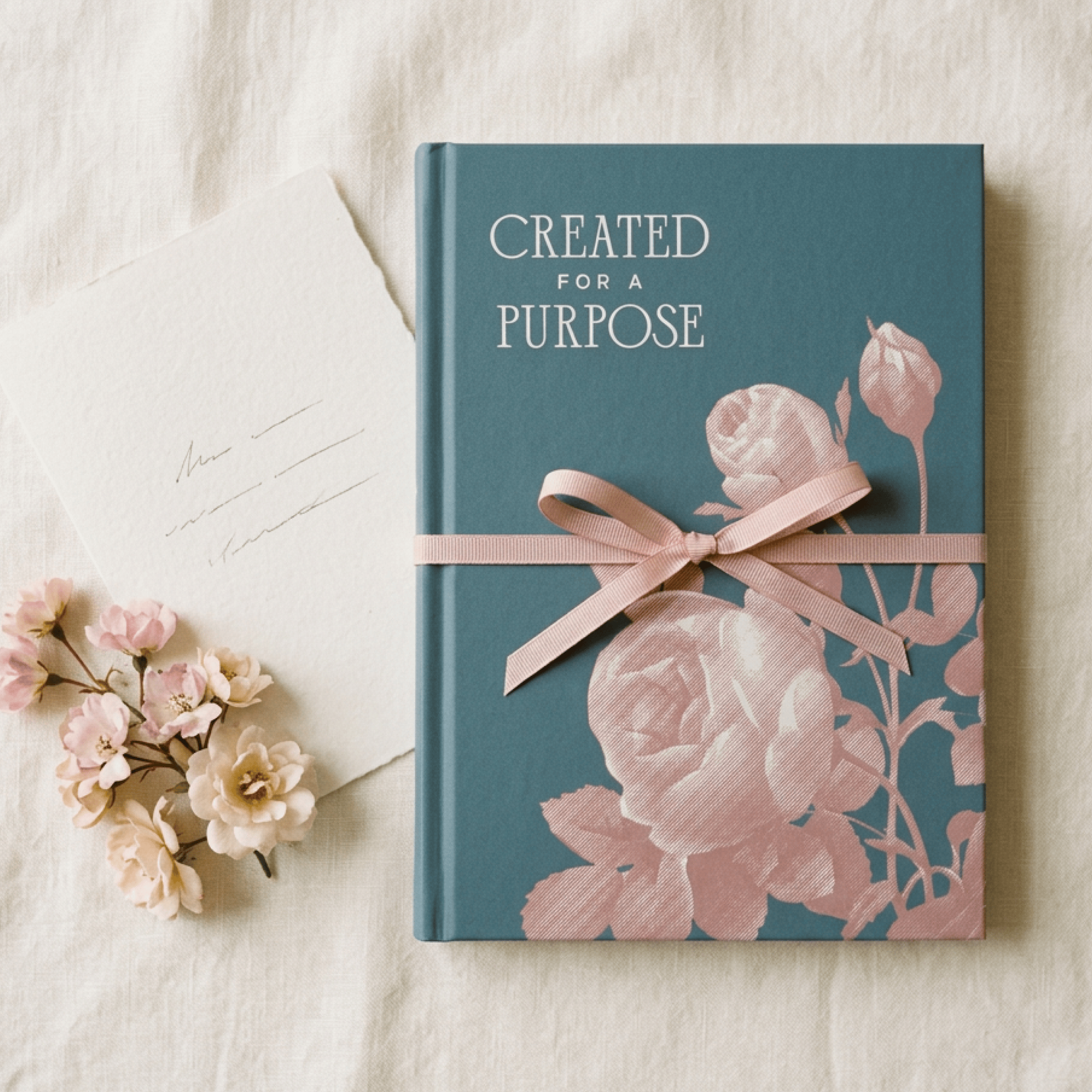 Created for a Purpose christian journal with ribbon bookmark and dried flowers on white surface