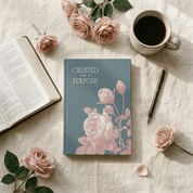Created for a Purpose christian hardcover journal with open Bible coffee cup and pink roses on linen flat lay