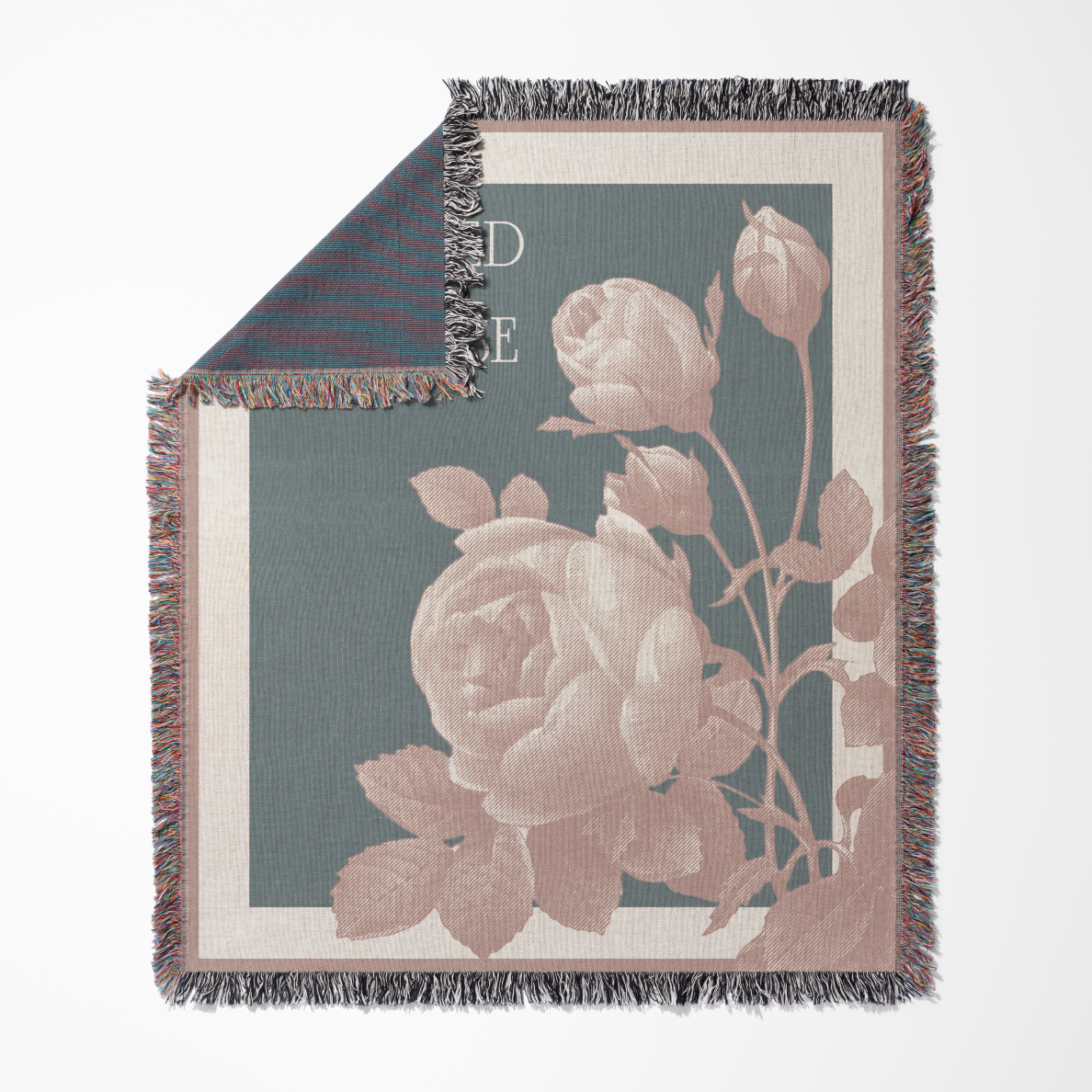 Floral patterned throw blanket with roses on a plain background