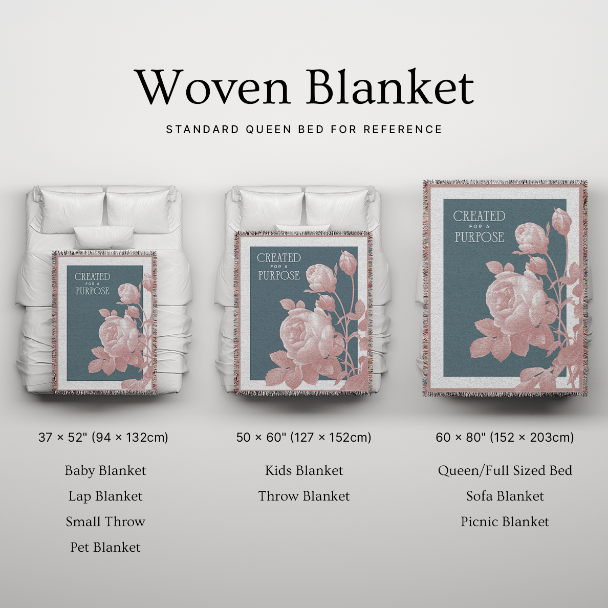 Woven blanket with floral design displayed on a bed for reference, showing different sizes.