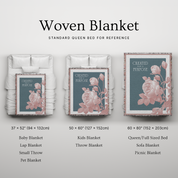 Woven blanket with floral design displayed on a bed for reference, showing different sizes.