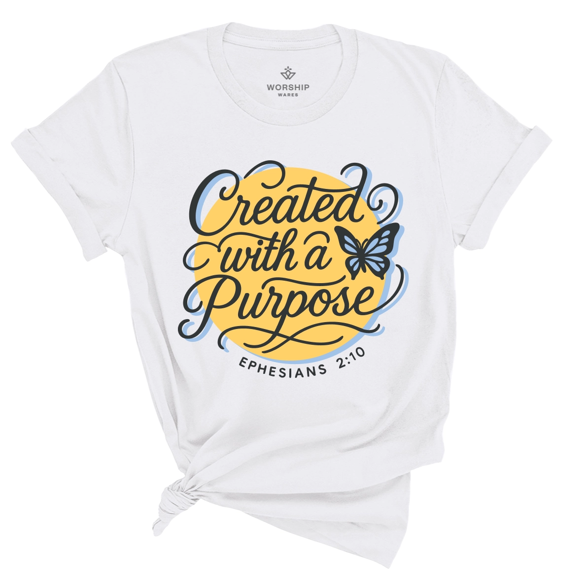 Christian t-shirt with the phrase “Created with a Purpose” in hand-lettered script and butterfly design; unisex soft cotton shirt symbolizing identity, grace, and faith.