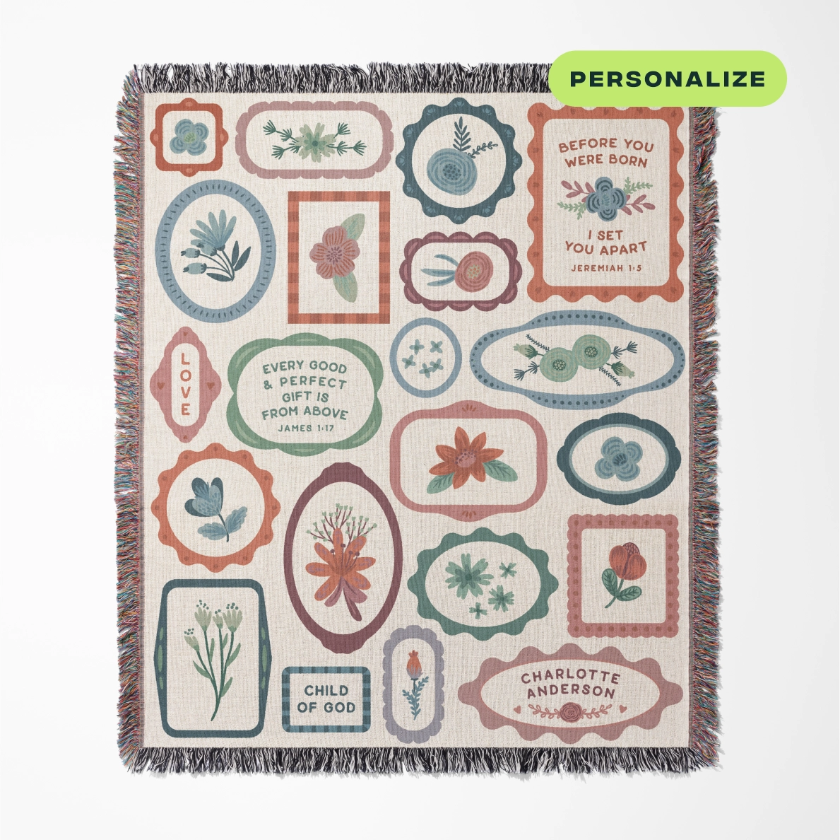 Personalized woven blanket with colorful fringed edges, designed as a gallery wall-style Christian home decor piece made from 100% cotton for lasting quality.