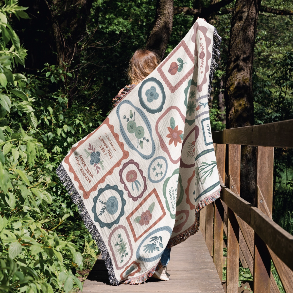 Personalized woven blanket with colorful fringed edges, designed as a gallery wall-style Christian home decor piece made from 100% cotton for lasting quality.