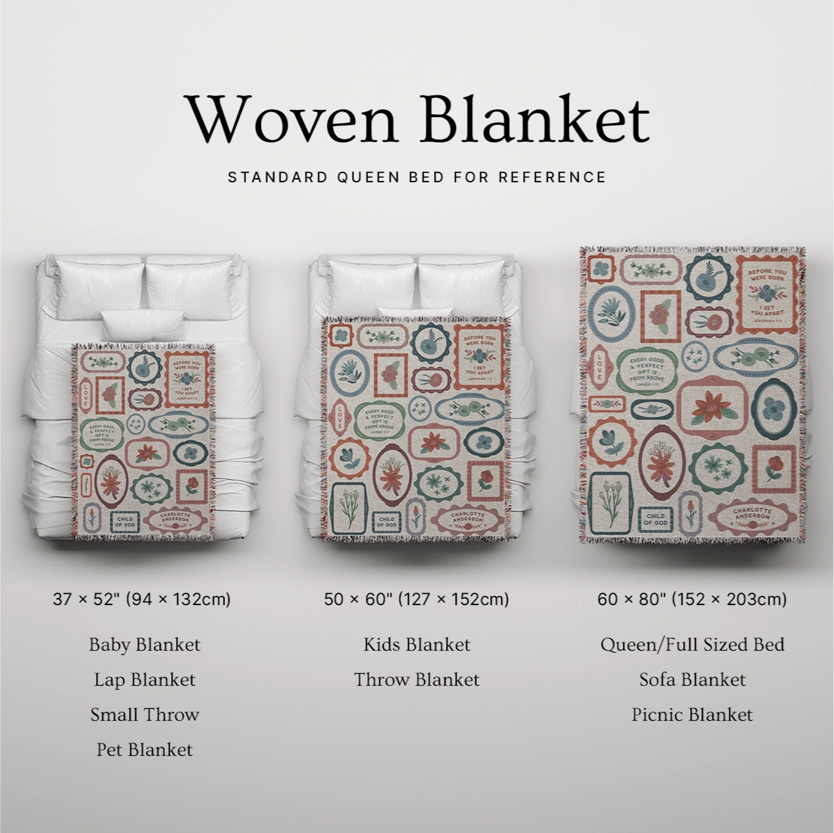 Personalized woven blanket with colorful fringed edges, designed as a gallery wall-style Christian home decor piece made from 100% cotton for lasting quality.