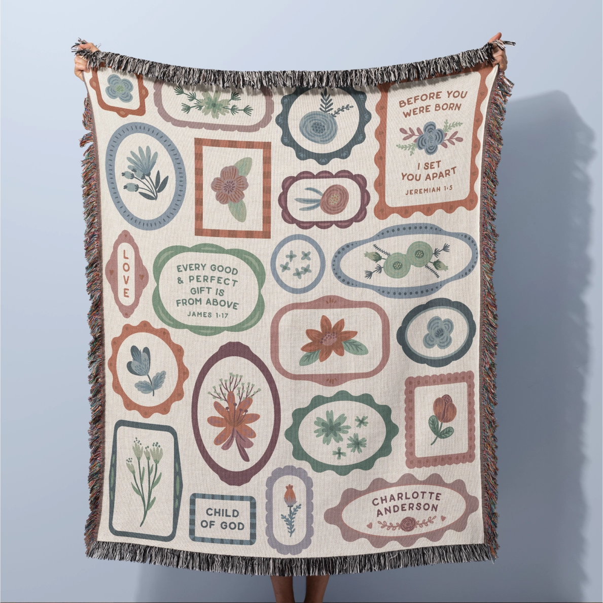 Personalized woven blanket with colorful fringed edges, designed as a gallery wall-style Christian home decor piece made from 100% cotton for lasting quality.