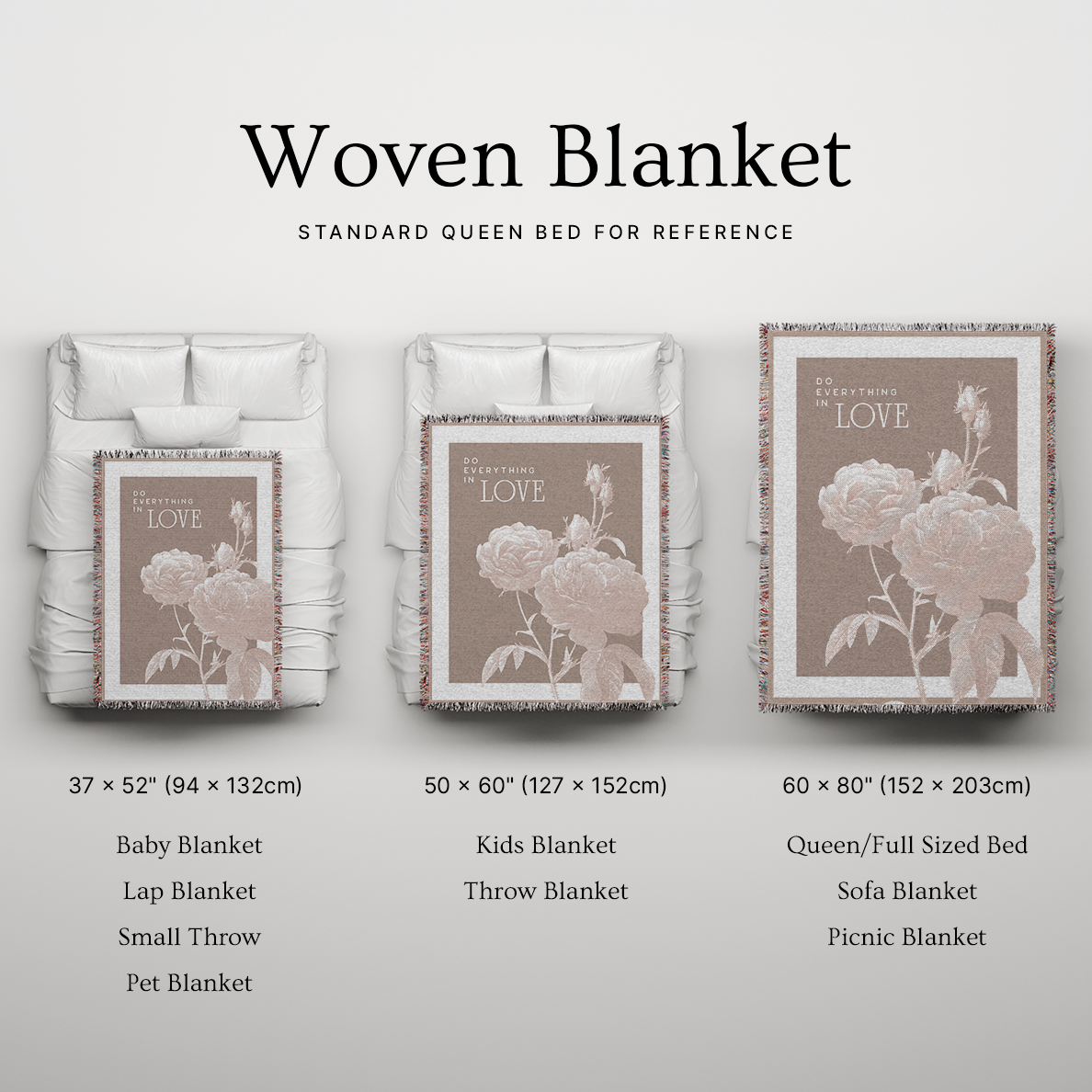 Woven blanket with floral design on a white background, showing different sizes.