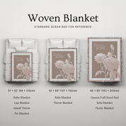 Woven blanket with floral design on a white background, showing different sizes.