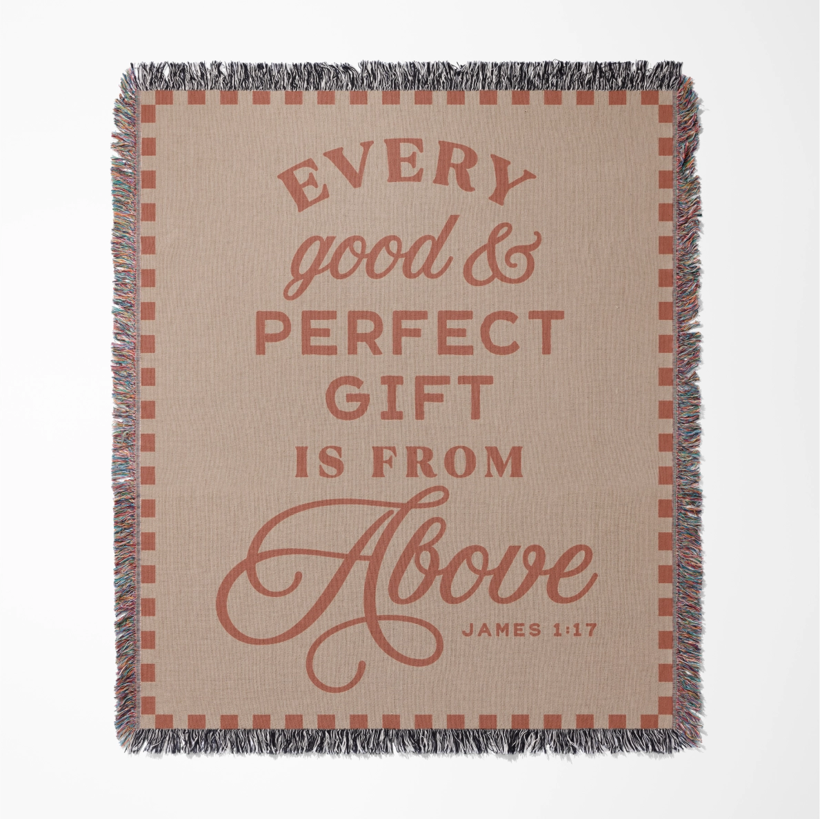 Christian woven blanket with James 1:17 verse and colorful fringed edges, symbolizing God’s blessings as a meaningful home or gift item.