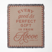 Christian woven blanket with James 1:17 verse and colorful fringed edges, symbolizing God’s blessings as a meaningful home or gift item.