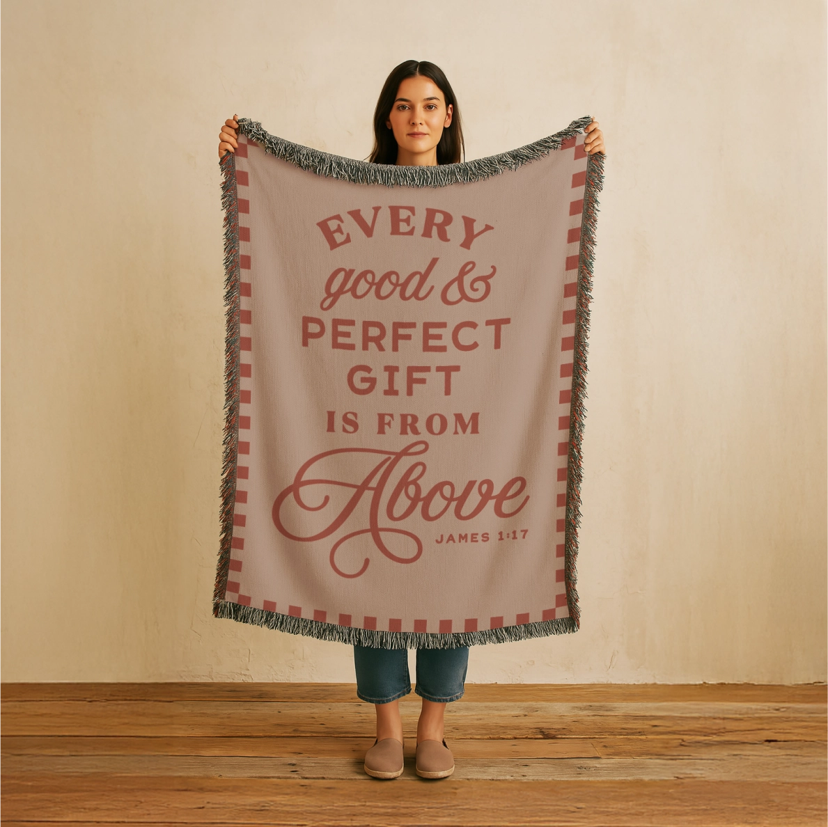 Christian woven blanket with James 1:17 verse and colorful fringed edges, symbolizing God’s blessings as a meaningful home or gift item.