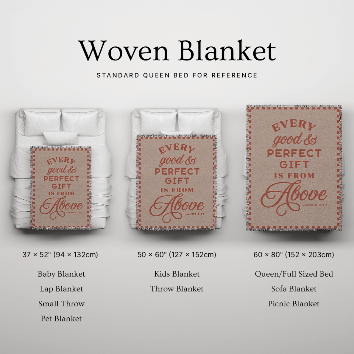 Christian woven blanket with James 1:17 verse and colorful fringed edges, symbolizing God’s blessings as a meaningful home or gift item.