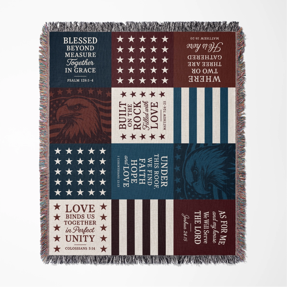 Patriotic Christian woven blanket with Bible verses about family and faith, including “As for me and my house, we will serve the Lord,” made of 100% cotton with fringe.