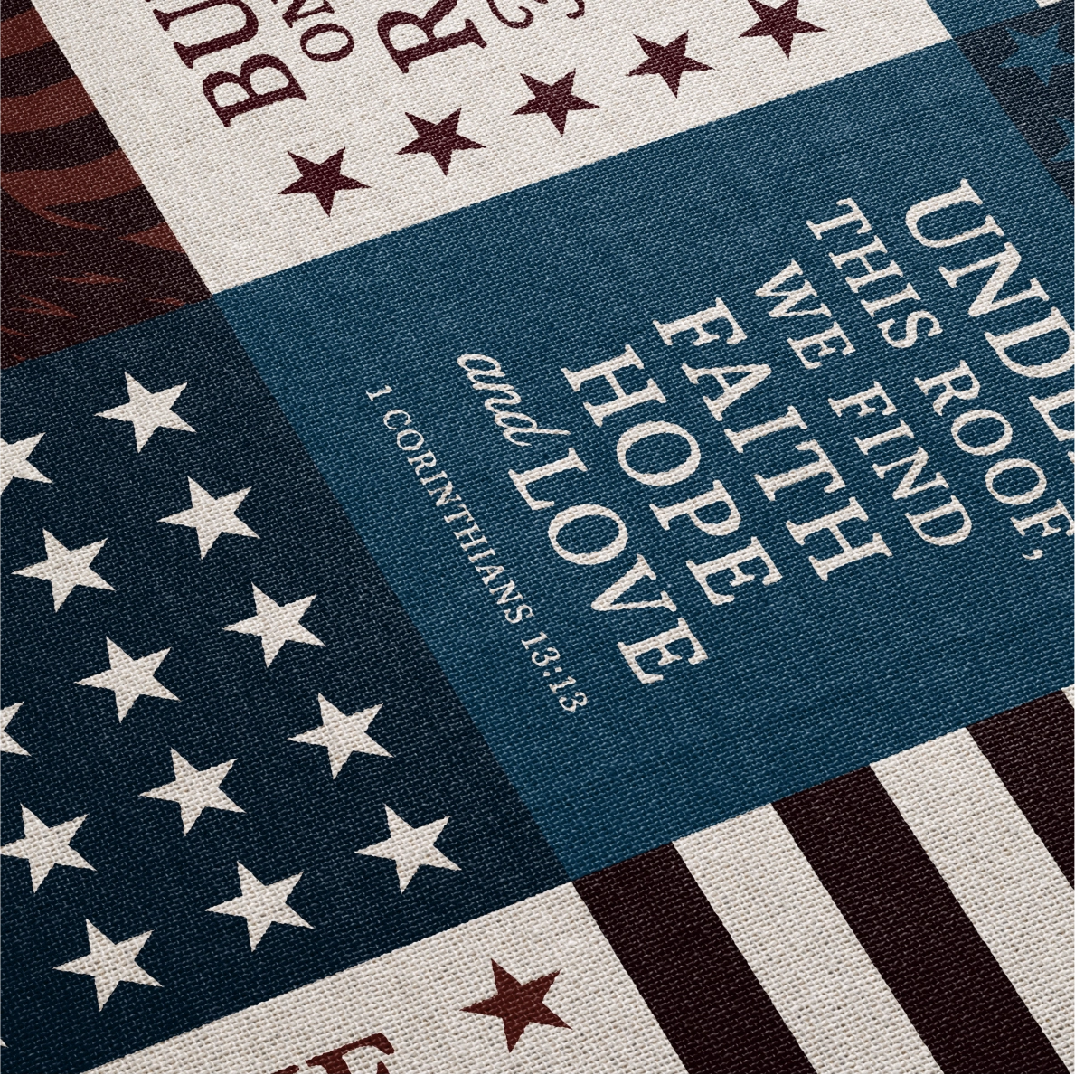 Patriotic Christian woven blanket with Bible verses about family and faith, including “As for me and my house, we will serve the Lord,” made of 100% cotton with fringe.