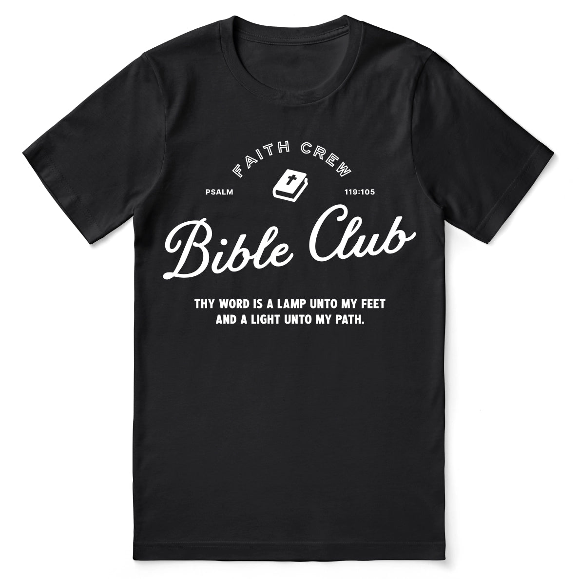 Christian t-shirt with the phrase “Faith Crew” in collegiate-style type; soft unisex cotton tee for discipleship, fellowship, and everyday encouragement.