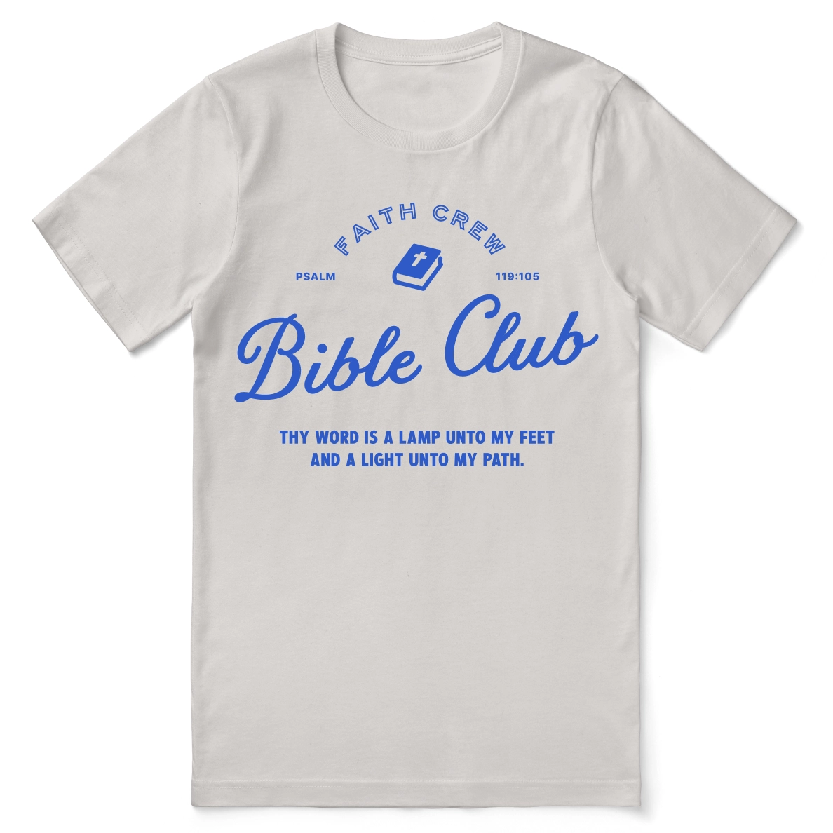 Christian t-shirt with the phrase “Faith Crew” in collegiate-style type; soft unisex cotton tee for discipleship, fellowship, and everyday encouragement.
