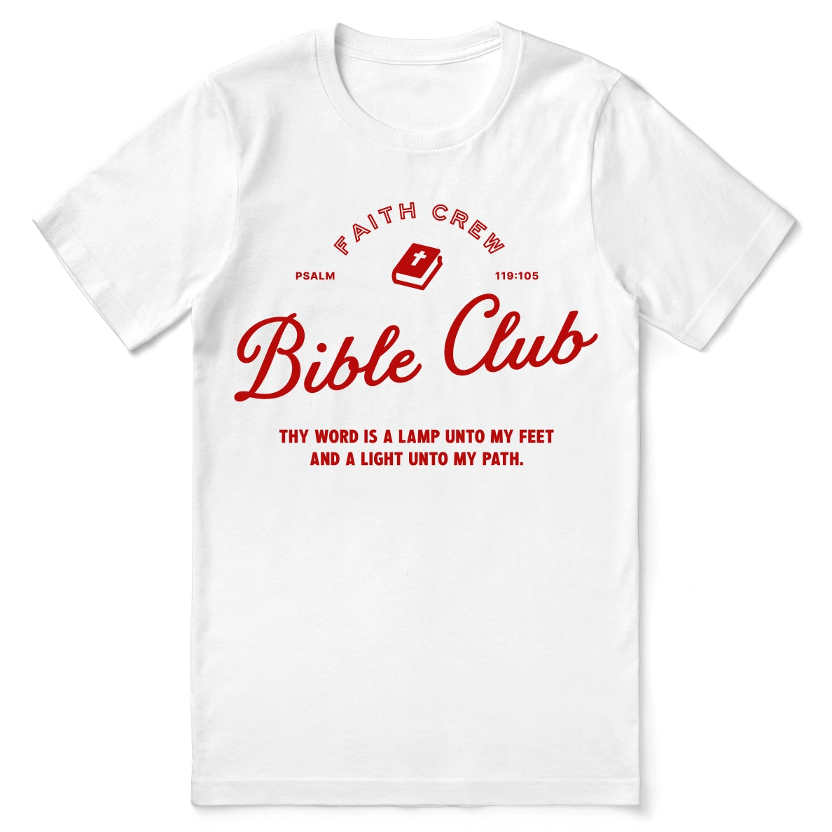 Christian t-shirt with the phrase “Faith Crew” in collegiate-style type; soft unisex cotton tee for discipleship, fellowship, and everyday encouragement.