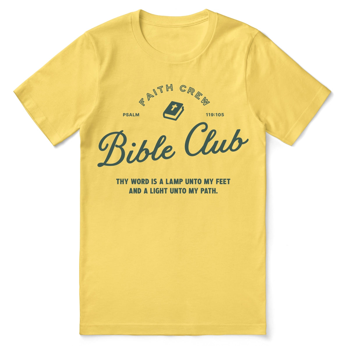 Christian t-shirt with the phrase “Faith Crew” in collegiate-style type; soft unisex cotton tee for discipleship, fellowship, and everyday encouragement.