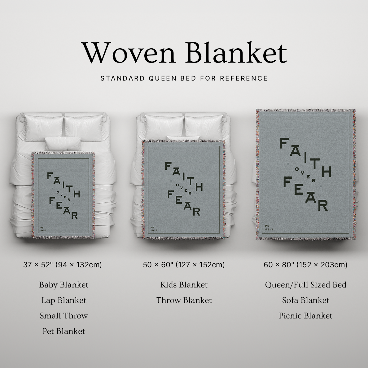 Woven blanket with 'Faith Over Fear' text displayed on a gray background