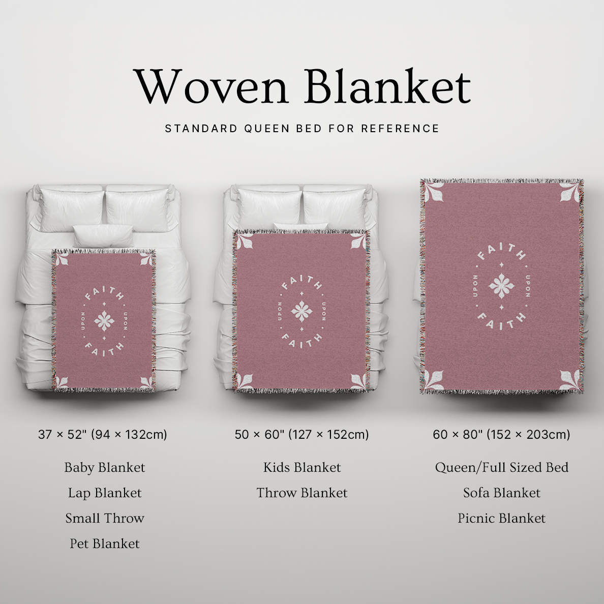 Woven blanket with size chart on a gray background
