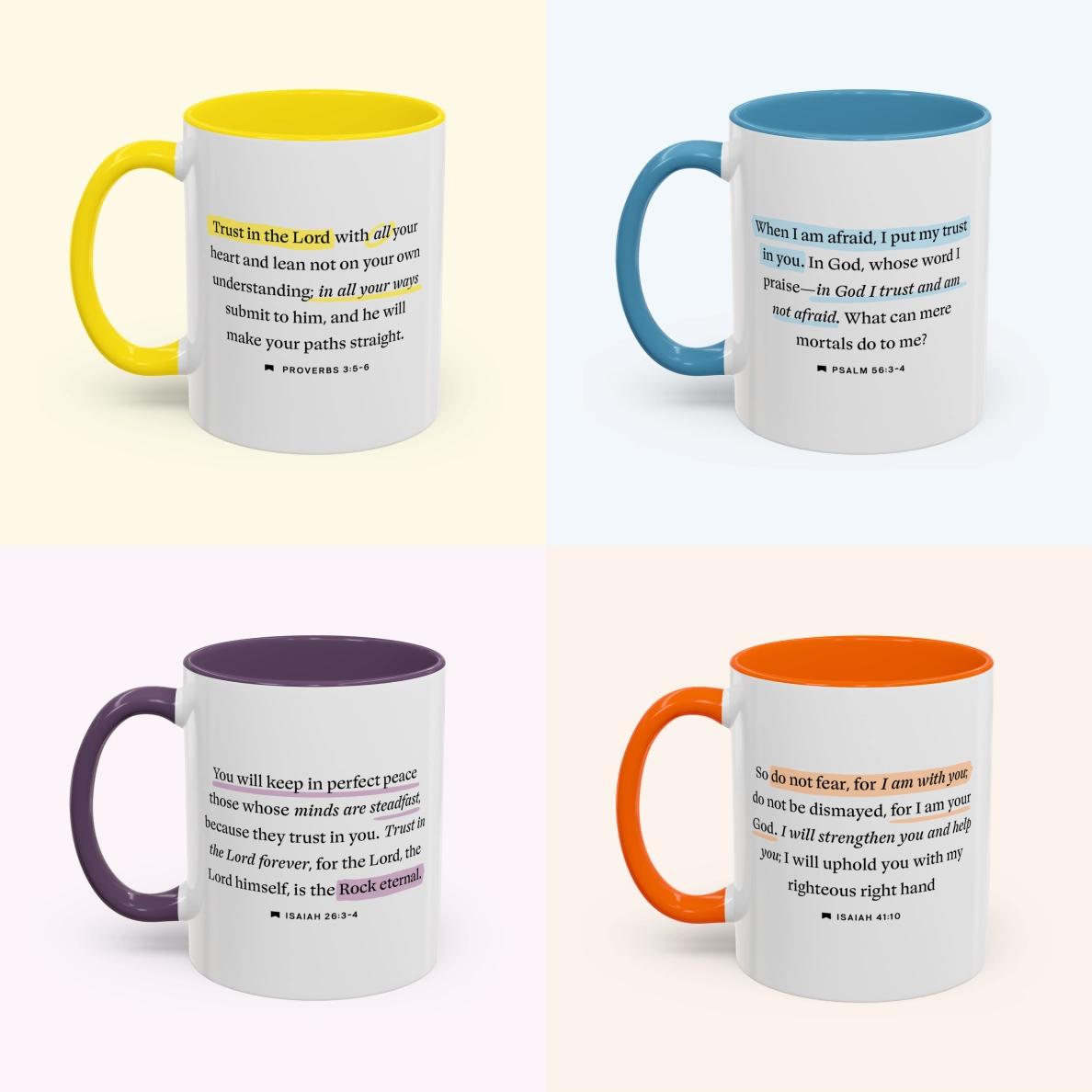 Bundle of colorful ceramic mugs featuring highlighted Bible verses, styled like a marked-up Bible page; a vibrant and inspiring Christian gift set.