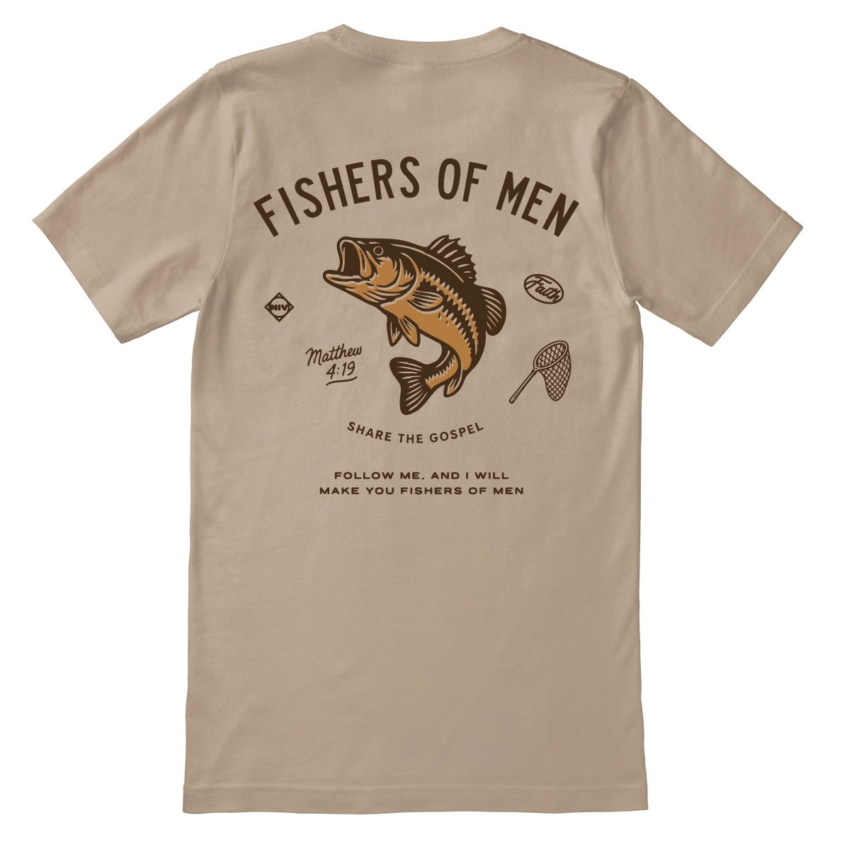 Christian t-shirt with the phrase “Fishers of Men – Share the Gospel” and a fish illustration; unisex soft cotton shirt inspired by Matthew 4:19 for faith-driven outreach.