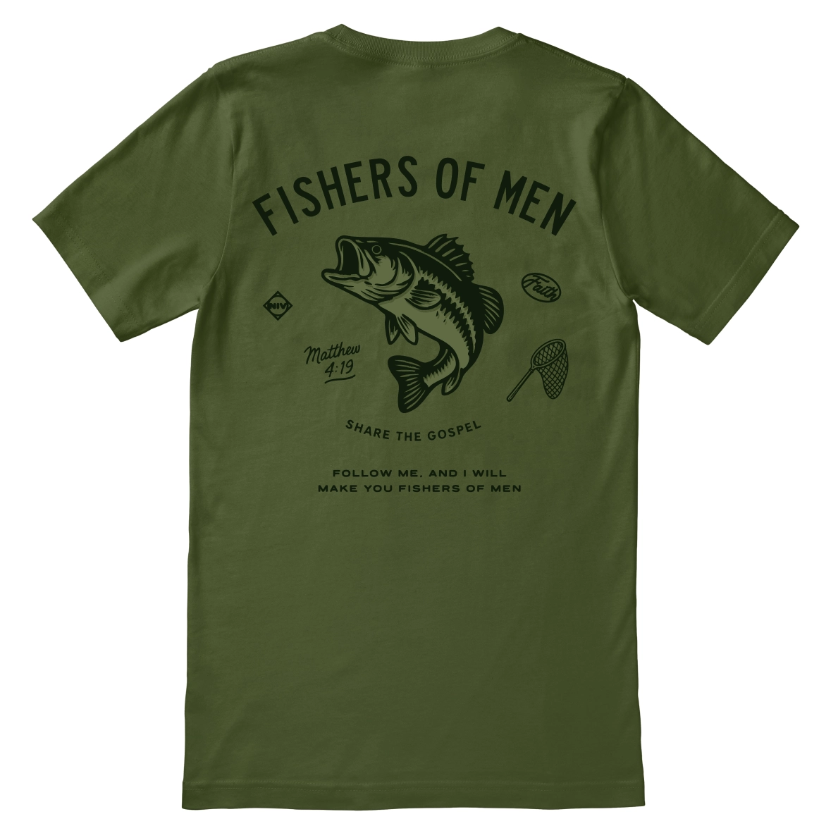 Christian t-shirt with the phrase “Fishers of Men – Share the Gospel” and a fish illustration; unisex soft cotton shirt inspired by Matthew 4:19 for faith-driven outreach.