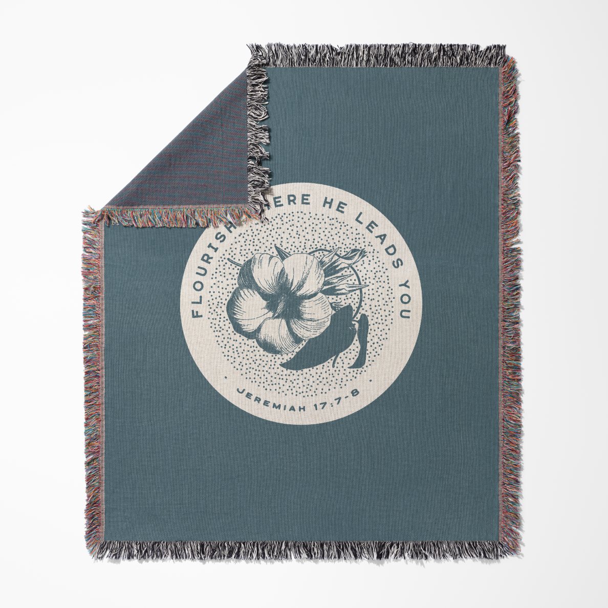 Blue blanket with floral design and text on a white background