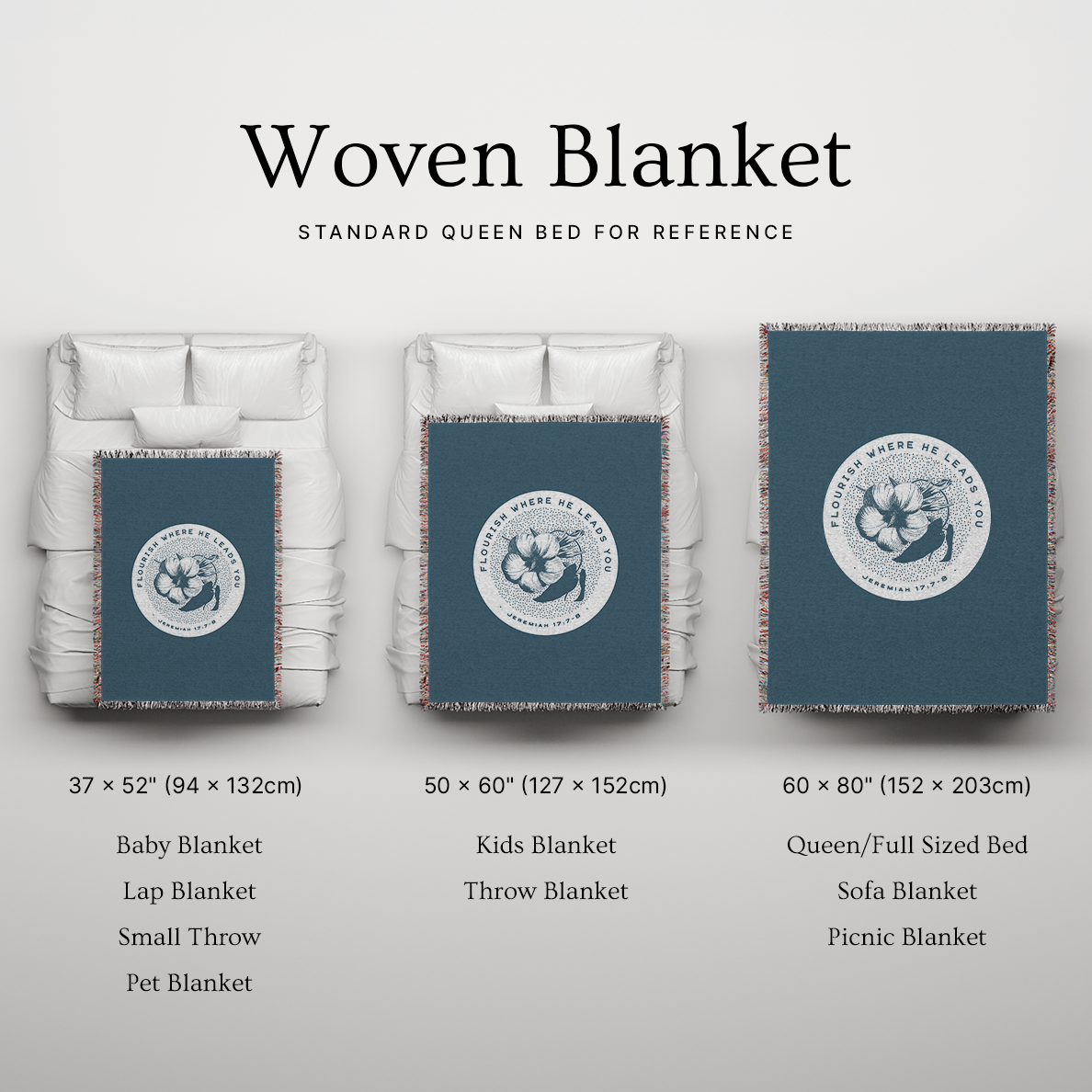 Woven blanket with different sizes displayed on a bed for reference.