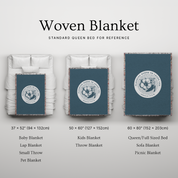 Woven blanket with different sizes displayed on a bed for reference.