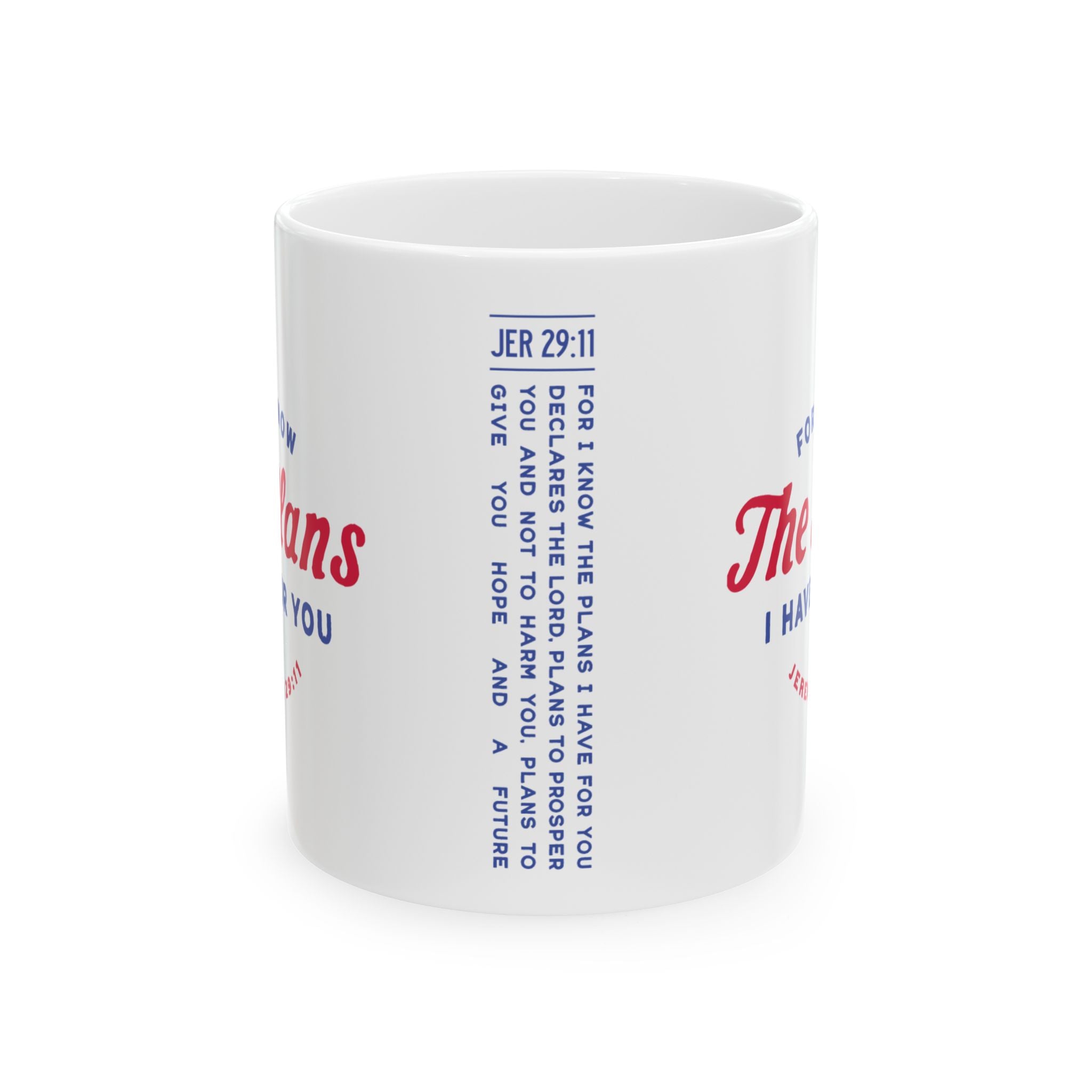 Ceramic mug featuring Jeremiah 29:11 Bible verse with Americana-inspired design, perfect for Christian drinkware and faith gifts.
