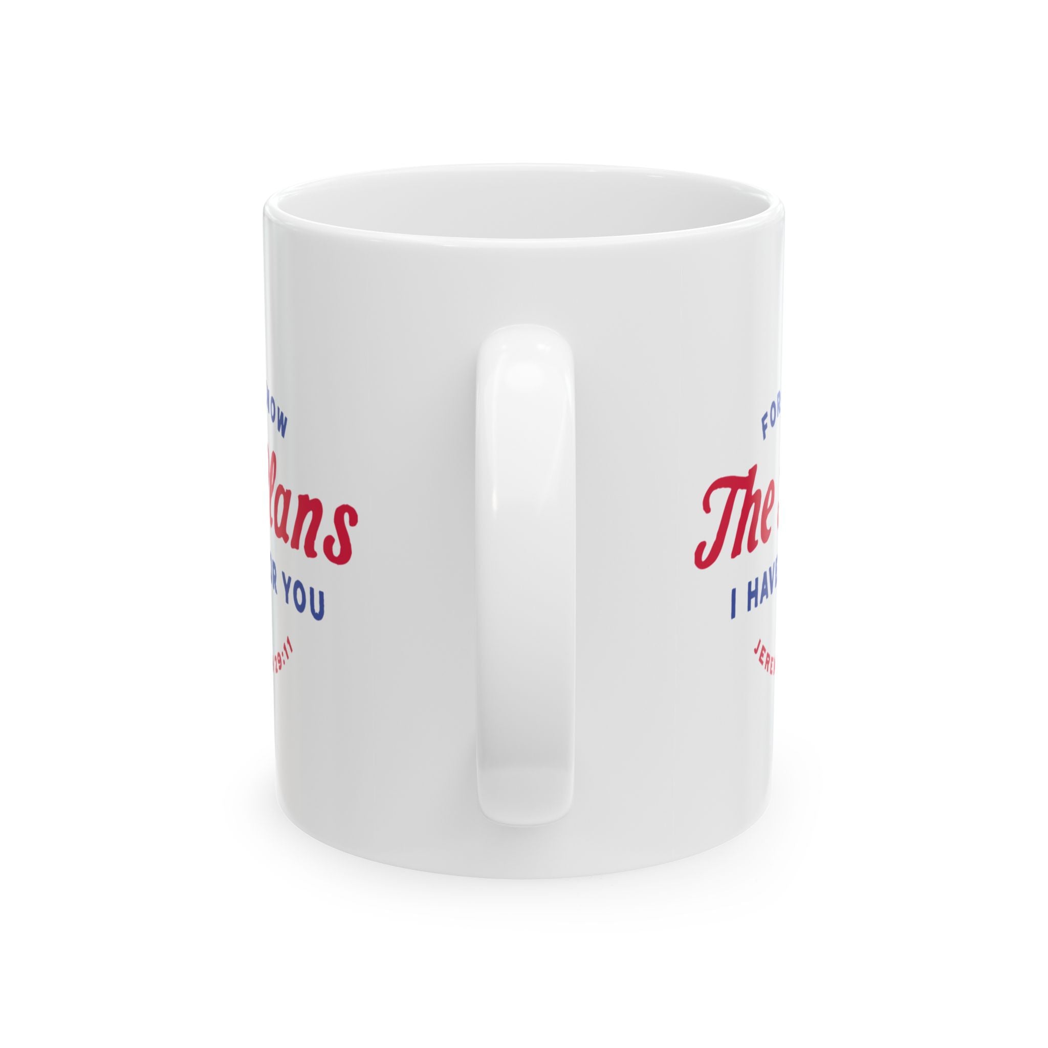Ceramic mug featuring Jeremiah 29:11 Bible verse with Americana-inspired design, perfect for Christian drinkware and faith gifts.